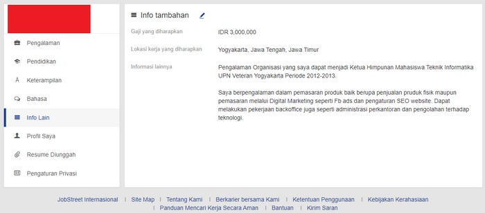 isi info lain di menu profile jobstreet agar lamaran kerja kamu detail