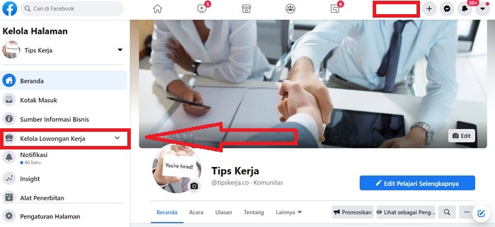 buka fanspage facebook lalu pilih kelola lowongan kerja