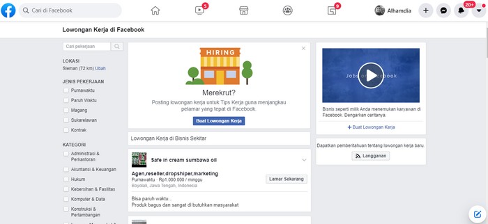 melihat lowongan kerja melalui facebook jobs