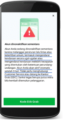 tampilan dinonaktifkan sementara dari aplikasi grab